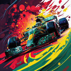 Formula One Racing - Green car with red, yellow, green splash. created by Generative AI