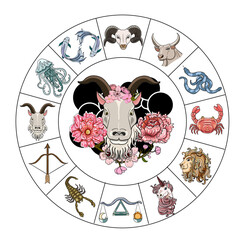 Capricorn vector and flower of Horoscope Symbols Astrology Icons Collection.Zodiac signs such as a aries, taurus, gemini, cancer, leo, virgo, libra, scorpio, sagittarius, capricorn, aquarius, pisces. 