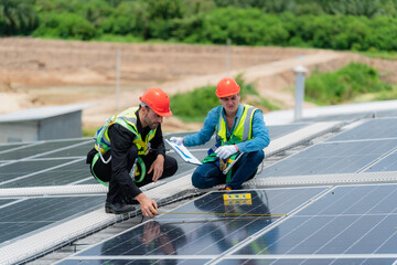 technician engineer team working to service and maintenance solar panel power system on rooftop, solar energy technology industry power electrician