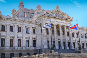 Fototapeta na wymiar Uruguayan Legislative Classical Parliament and flags, Montevideo, Uruguay