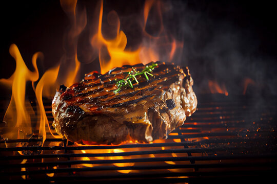 Nackensteak / Schweinenackensteak auf Grill mit Flammen. Generative Ai.