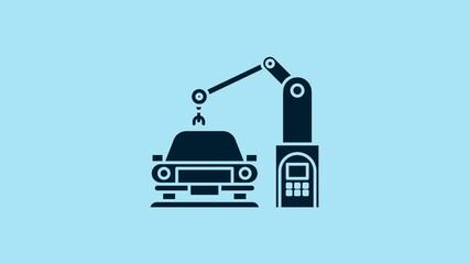 Blue Industrial machine robotic robot arm hand on car factory icon isolated on blue background. Industrial automation production automobile. 4K Video motion graphic animation