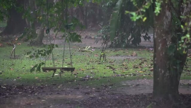 Balan&ccedil;o infantil feito de cordas, vazio, sob forte chuva