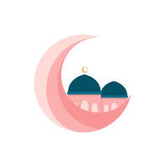 Pink cute moon and mosque. Mosque islamic element for ramadan.