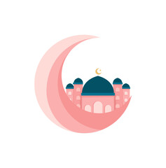 Pink cute moon and mosque. Mosque islamic element for ramadan.