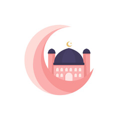 Fototapeta na wymiar Pink cute moon and mosque. Mosque islamic element for ramadan.