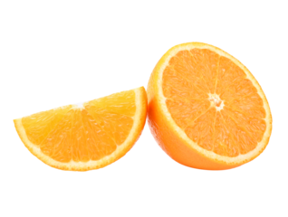 Orange slice half and one segment on transparent png.