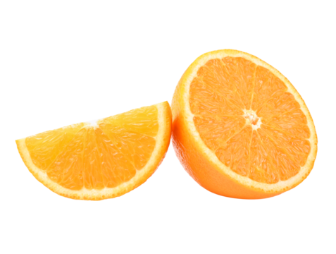 Orange slice half and one segment on transparent png.