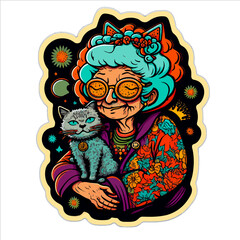psychedelic cartoon of fictitious old woman with cat made with generative ai	