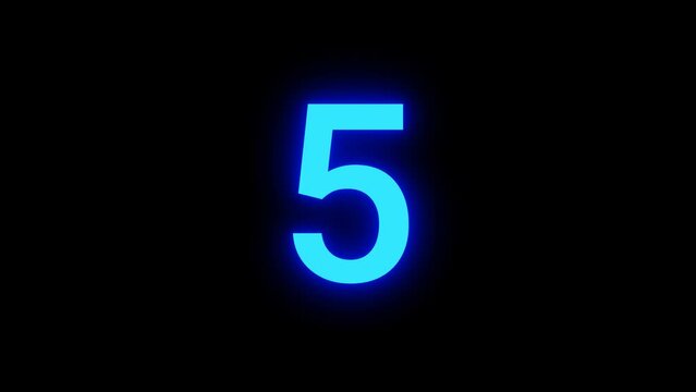 Animation Glow light blue color 5 Number . Neon Glowing Symbol on Black Background