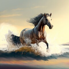 Wild horse galloping in the sea created with Generative AI technology