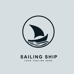 Sailboat on sea ocean wave with logo design in circle simple ship