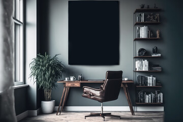 Posters on grey and dark wall above wooden desk with computer monitor in open space interior (ai generated)