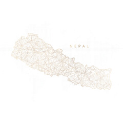 Low poly map of Nepal. Gold polygonal wireframe. Glittering vector with gold particles on white background. Vector illustration eps 10.