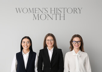 Banner with young businesswomen and text WOMEN'S HISTORY MONTH on light background