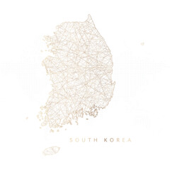 Low poly map of South Korea. Gold polygonal wireframe. Glittering vector with gold particles on white background. Vector illustration eps 10.