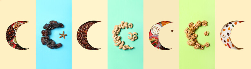 Set of crescents made of Arabic symbols on color background