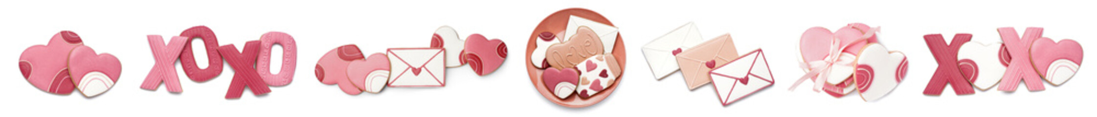 Set of many delicious cookies for Valentine's Day on white background, top view