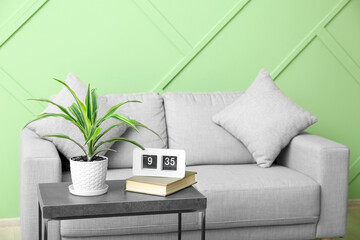 Table with houseplant, book, clock and grey sofa near green wall
