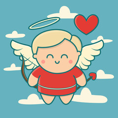 Cute cupid boy illustration. Hearts, bow and clouds. Flat vector cartoon style.