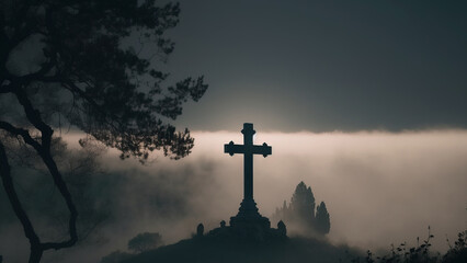 Christian cross. outdoors at the mist. tomb with fog. Generative Ai