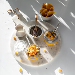 Mango chia pudding snacks on a white marble slab in shadowy bright sunlight