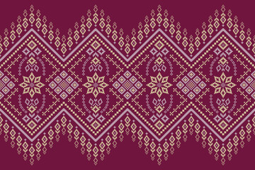 Purple cross stitch traditional ethnic pattern paisley flower Ikat background abstract Aztec African Indonesian Indian seamless pattern for fabric print cloth dress carpet curtains and sarong