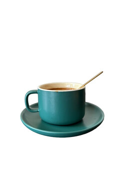 Cup of coffee with spoon. Green colour cup cut out
