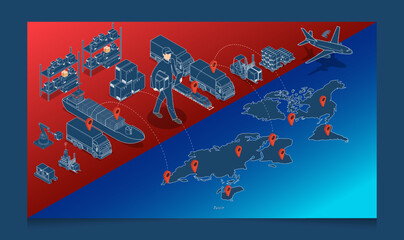 3D isometric Global logistics network concept with Transportation operation service, Supply Chain Management - SCM, Company Logistics Processes. Vector illustration EPS 10