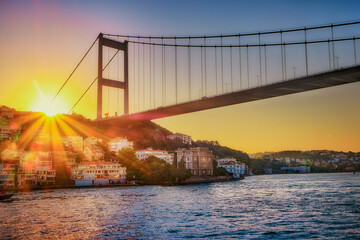 Bosphorus bridge at sunset, view of the European part of the city