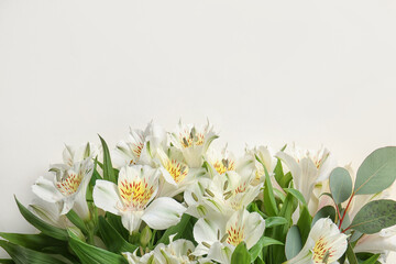 Bouquet of delicate alstroemeria flowers on white background, closeup