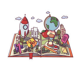 illustration of imagination reading a book. Ilustration for web banner, book cover, etc . Vector isometric illustration.