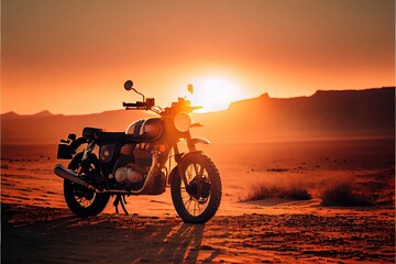 Plakat motorcycle on sunset background. Genarative AI