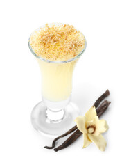 Shot of delicious pudding with vanilla sticks isolated on white background
