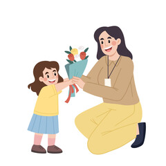 Illustration of little girl giving a bouquet of flowers to mother