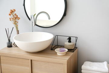Modern sink in interior of stylish bathroom, closeup