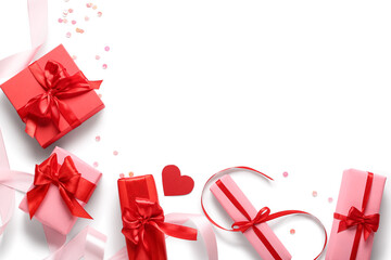 Composition with beautiful gifts isolated on white background. Valentine's Day celebration