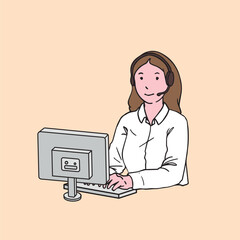 illustration of a customer service female with line art style