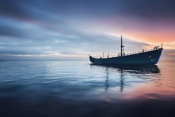 Fototapeta na wymiar sunset over the sea and a Ship