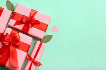 Composition with different gifts for Valentine's Day celebration on color background