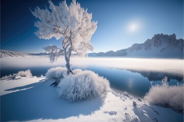Landscape with lake in the winter with Snow. Genarative AI