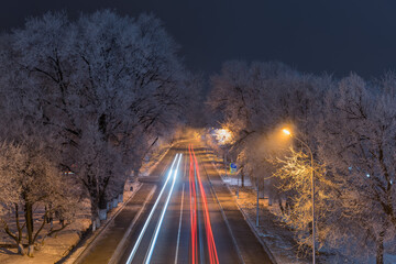 Road with frost-covered trees and car tracks on a winter night