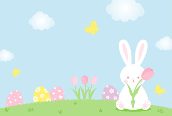 Obraz na płótnie Canvas easter vector background with bunny, eggs and flowers for banners, cards, flyers, social media wallpapers, etc.