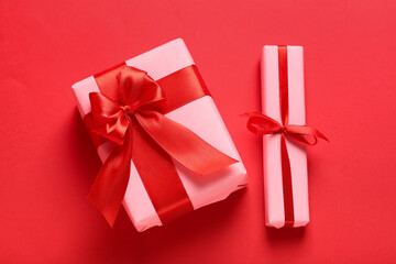 Gifts for Valentine's Day celebration on red background