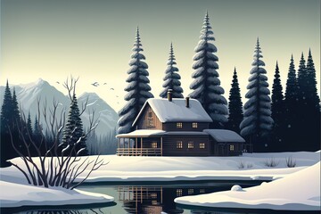 House in winter forest. Genarative AI