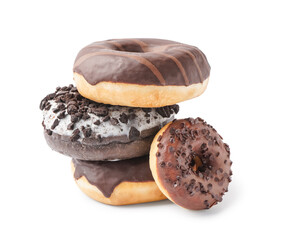 Stack of tasty donuts on white background