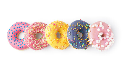 Row of sweet donuts on white background