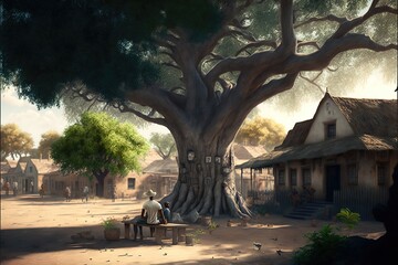 Traditional house in the village under a Tree. genarative ai