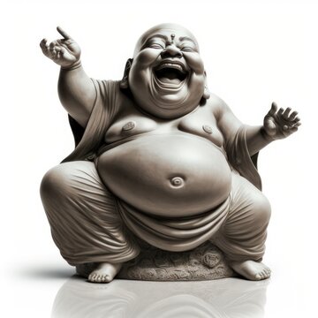 Traditional stone ivory laughing buddha statue good luck charm symbol isolated on a white background, generative ai
