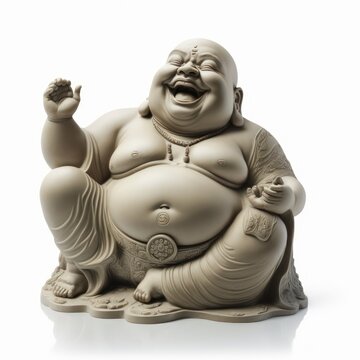 Traditional stone ivory laughing buddha statue good luck charm symbol isolated on a white background, generative ai